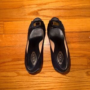 Tod's Black Peep-Toe Heels with Buckle